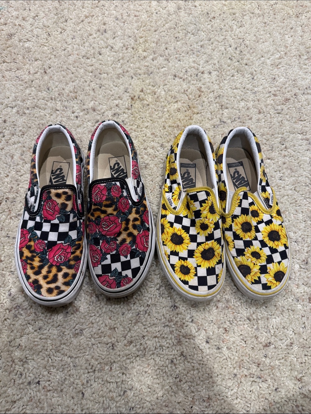 Vans Kids Slip-On Pair — Pink Rose & Yellow Sunflower Checkerboard
